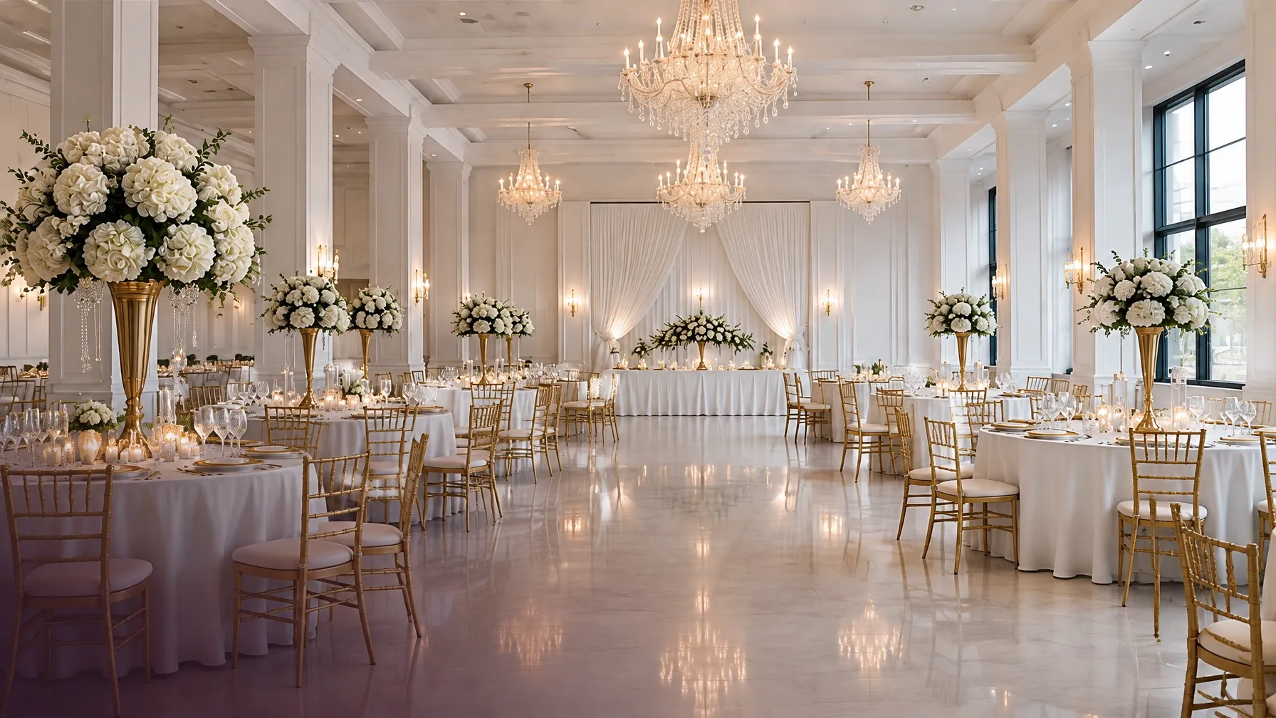 Elegant all-white event venue with chandeliers, floral arrangements, and banquet tables